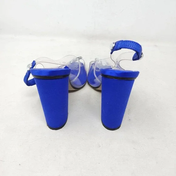 Paul Andrew Womens Heels Serrano Blue Satin PVC Cabochon Peep Toe Slingback 37 7 - Picture 3 of 10